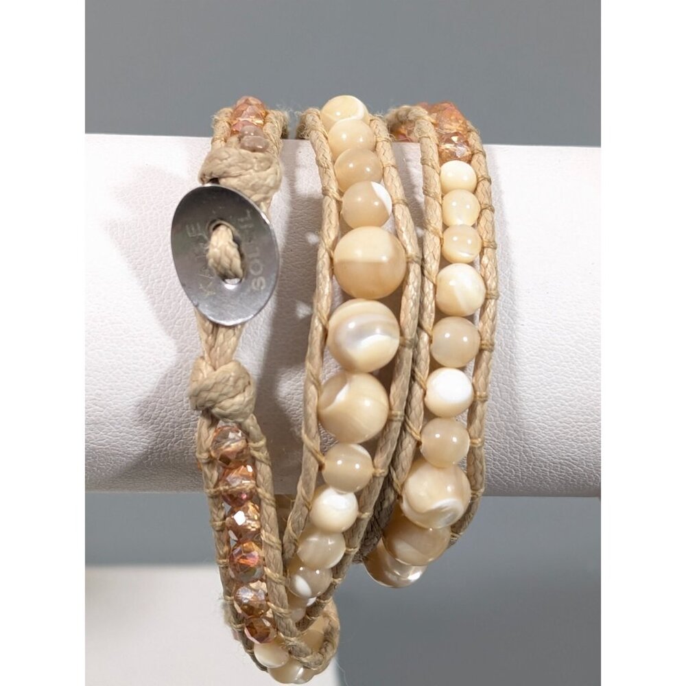 Katie‎ Soleil Cream Agate Pearlized Round Bead Champagne Glass Wrap Bracelet 21"
